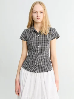 Cap Sleeve Slim Skjortebluse i Sort Tern