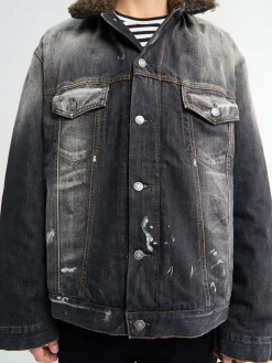 Denim Jakke med Faux Fur Krave i Sort