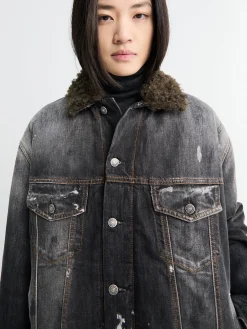 Denim Jakke med Faux Fur Krave i Sort