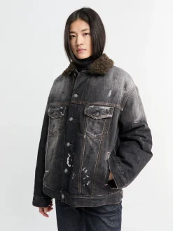 Denim Jakke med Faux Fur Krave i Sort