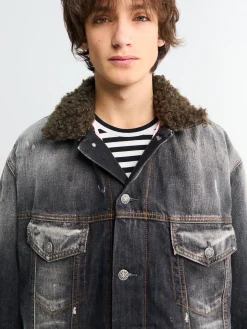 Denim Jakke med Faux Fur Krave i Sort