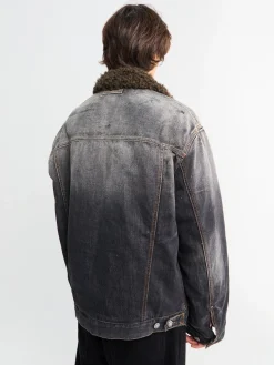 Denim Jakke med Faux Fur Krave i Sort