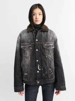 Denim Jakke med Faux Fur Krave i Sort