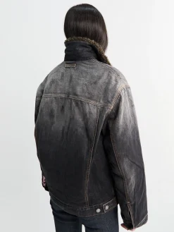 Denim Jakke med Faux Fur Krave i Sort