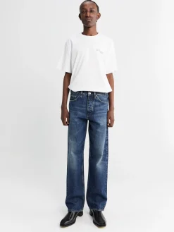 Loose Jeans i Mørkeblå med Slidt Look