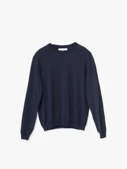 Merino striktrøje med rund hals i Navy