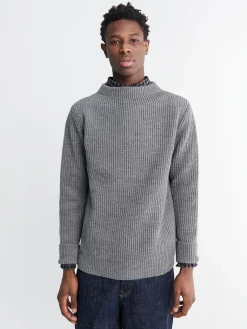 Navy Crewneck Strik i Grå