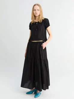 Ribbet Shirring Bluse i Sort
