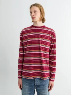 Stribet Langærmet Lomme T-shirt i Bordeaux