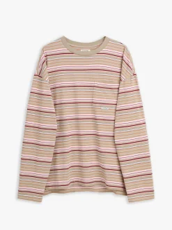 Stribet Langærmet Lomme T-shirt i Beige