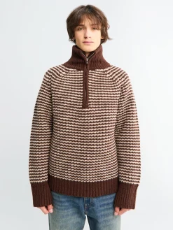 Studio Nicholson x Aaron Levine Bistrol Ribbed Zip Jumper i Chocolate Oatmeal Stripe