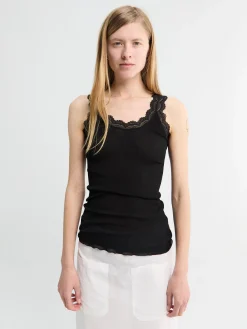 Tank Top Bomulds Lisle Rib Med Leavers i Sort