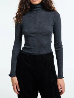 Uld & Silke Langærmet Rib Turtleneck Top i Grå