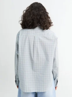 Unisex Cropped Ternede Skjorte i Soft Blue Check