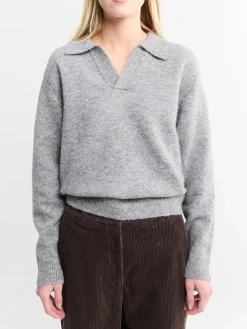 Unisex Open Collared Kashmir Sweater i Melange Grå