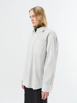 Unisex Oversized Striped Skjorte i Beige Stripe