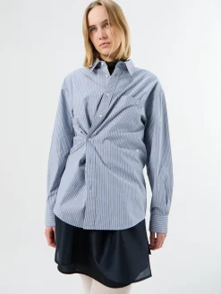Unisex 2-Way Oversized Striped Skjorte i Blue Stripe