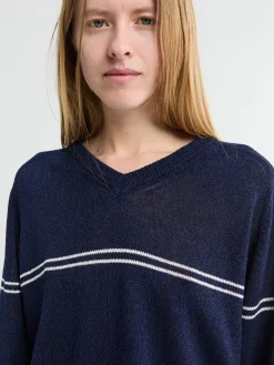 V-hals Stribet Sweater i Navy Strib