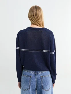 V-hals Stribet Sweater i Navy Strib